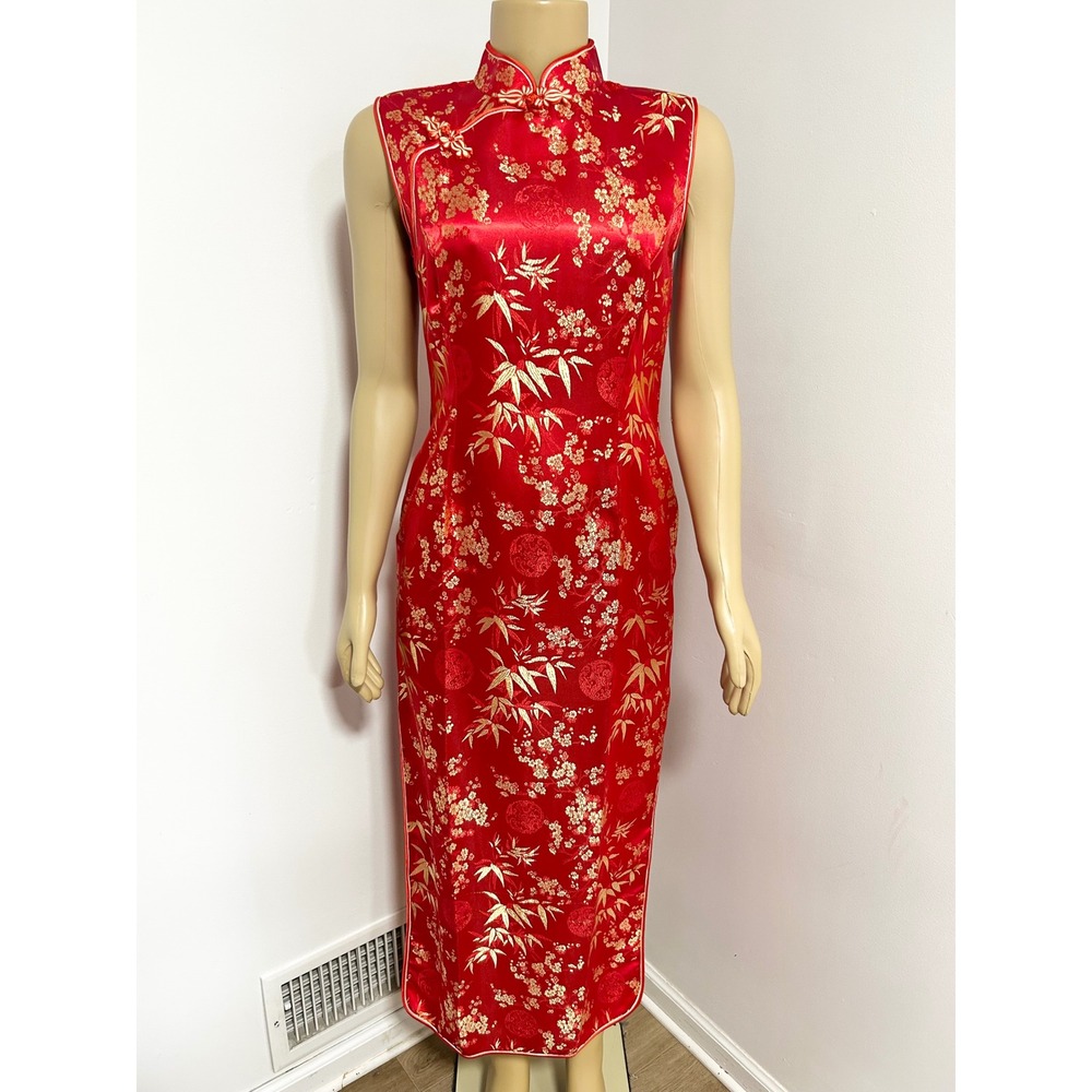 Red Gold Floral Bamboo Brocade Cheongsam Qipao Maxi Dress Size 4 Sleeveless